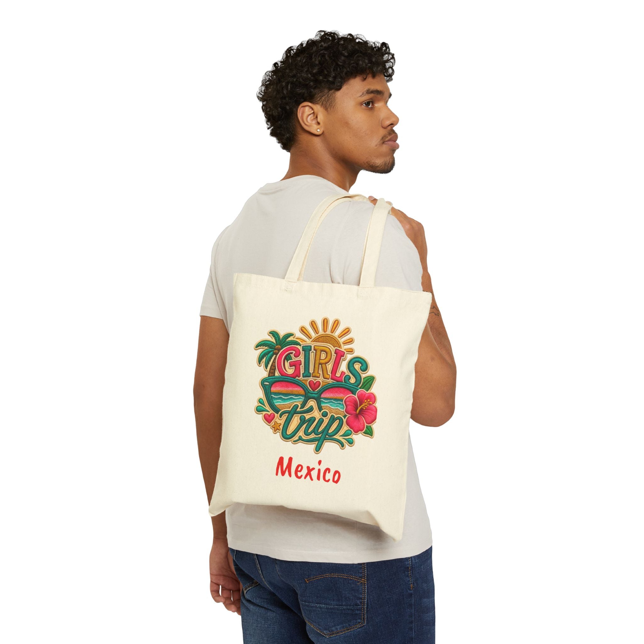 Girls Trip Mexico Cotton Canvas Tote Bag, Colorful Getaway Bag.