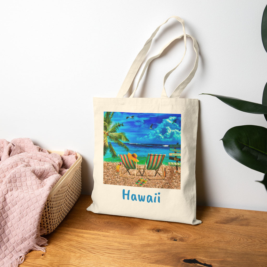 Hawaii Cotton Canvas Tote Bag, Colorful Hawaii Beach Bag, Free Shipping