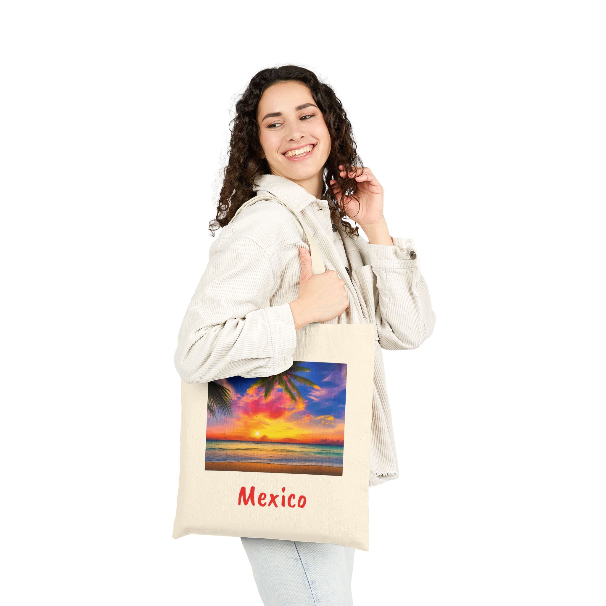 Mexico Cotton Canvas Tote Bag, Colorful Vibrant. Free Shipping