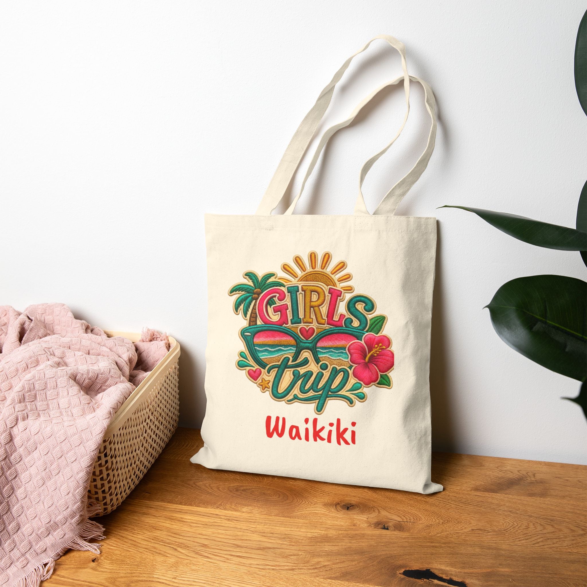 Girls Trip Waikiki Hawaii Cotton Canvas Tote Bag, Colorful Vibrant Free Shipping