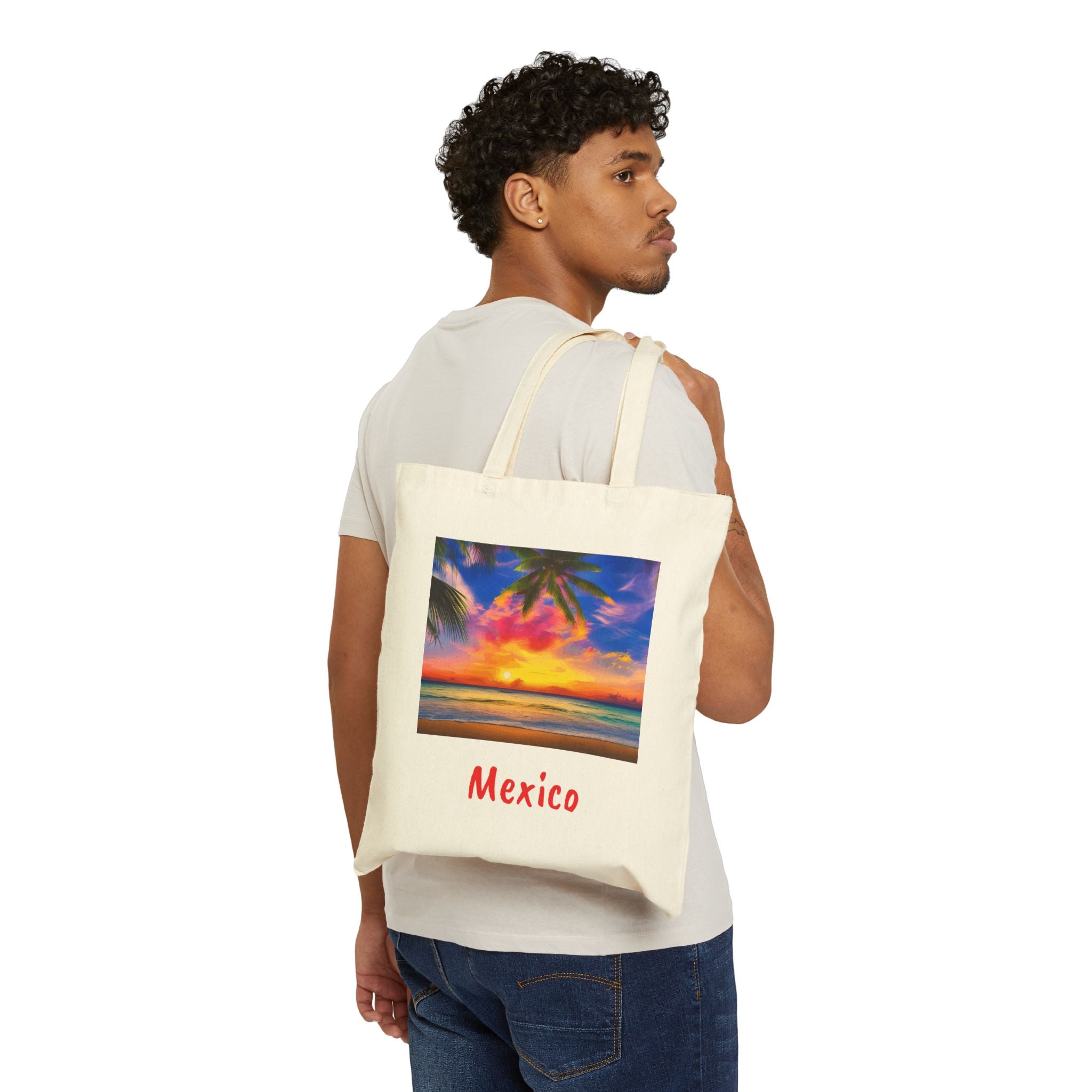 Mexico Cotton Canvas Tote Bag, Colorful Vibrant. Free Shipping