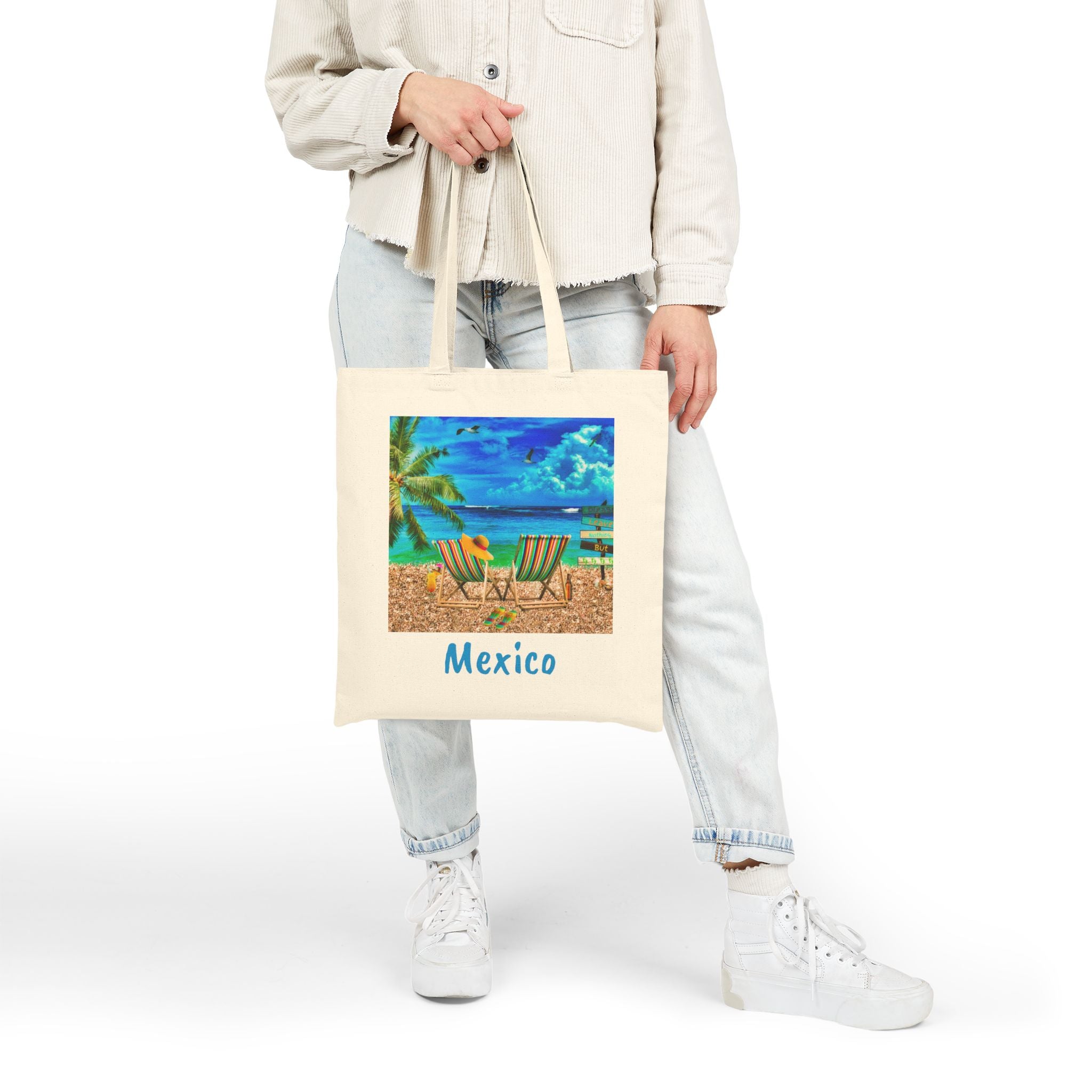 Mexico Cotton Canvas Tote Bag, Colorful Mexico Beach Bag,, Free Shipping