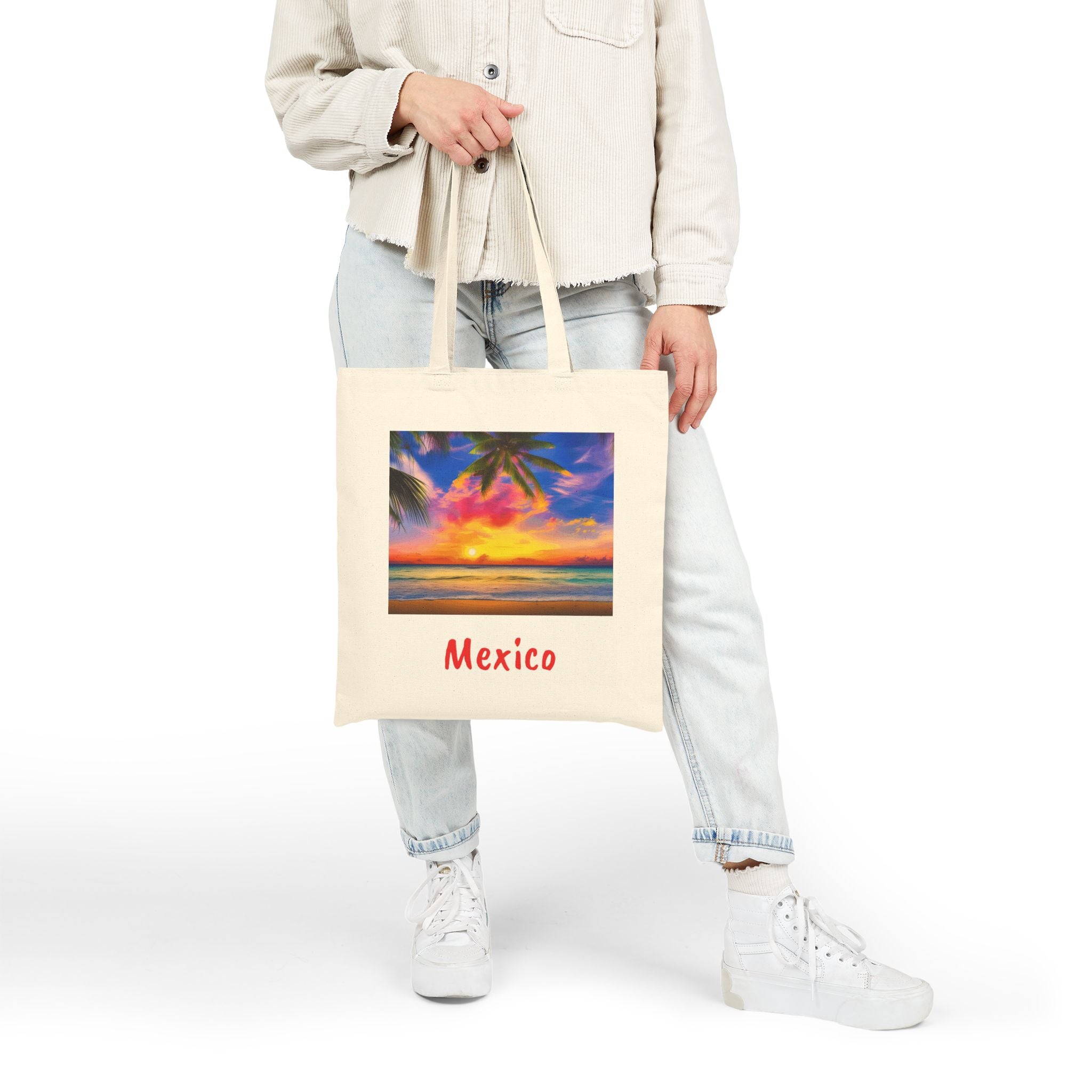 Mexico Cotton Canvas Tote Bag, Colorful Vibrant. Free Shipping