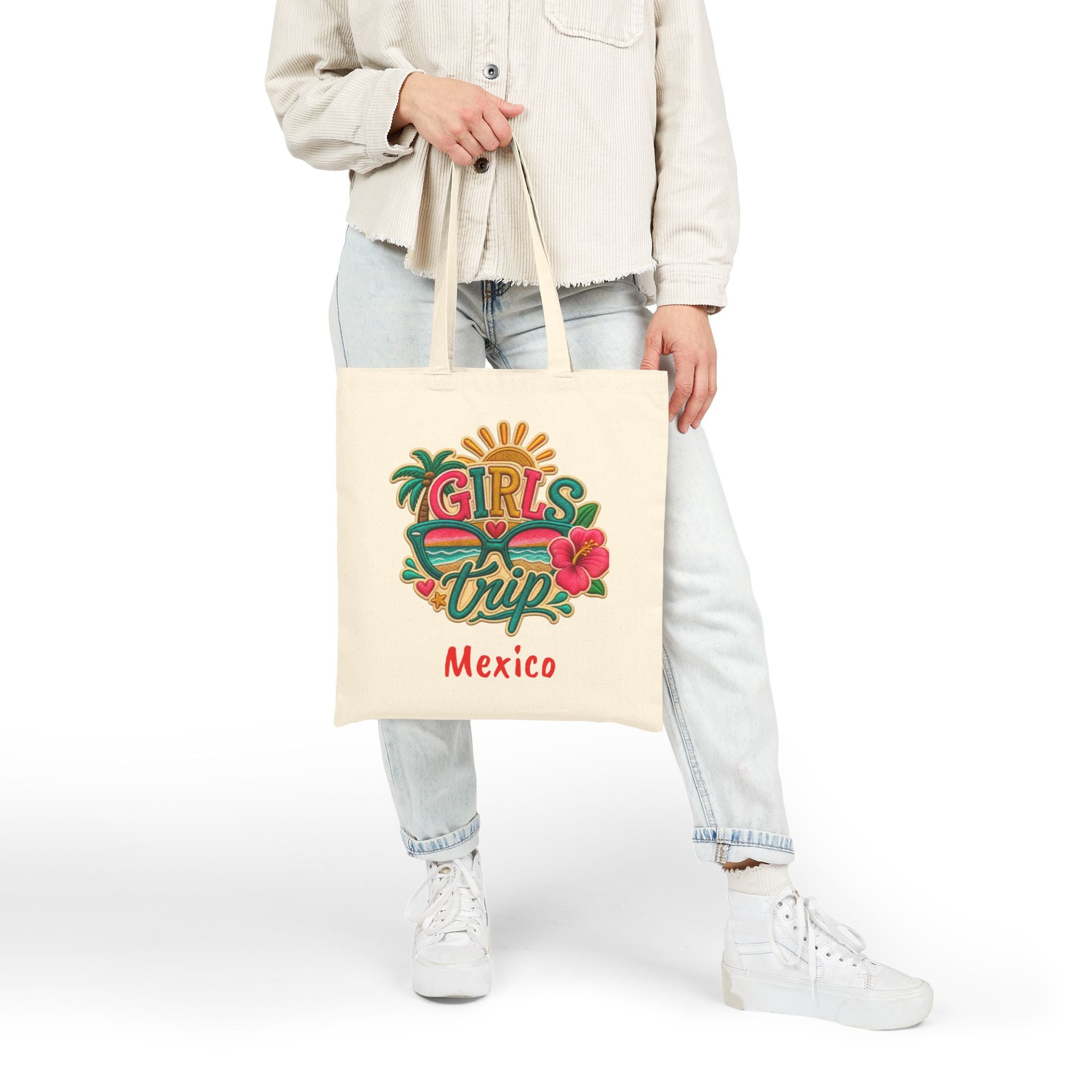 Girls Trip Mexico Cotton Canvas Tote Bag, Colorful Getaway Bag.